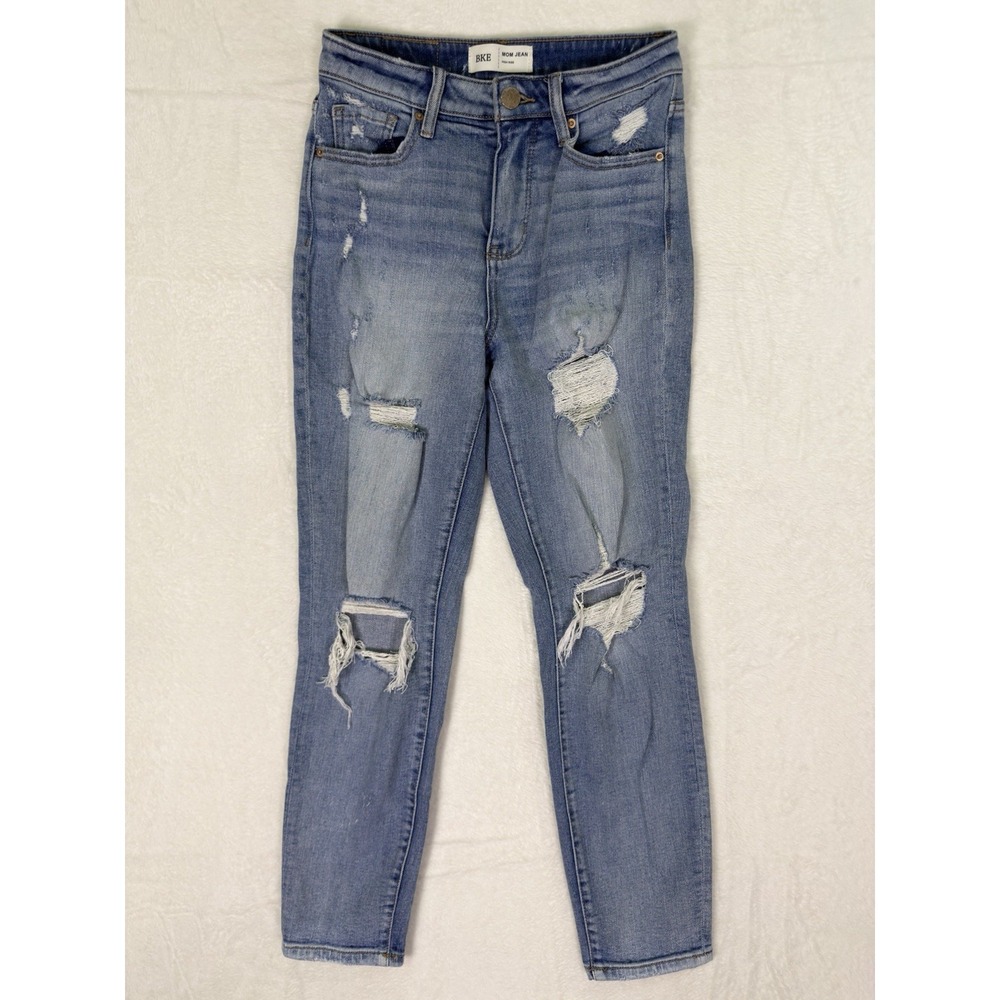 BKE Jeans Womens 24 Blue Mom Relaxed Light Wash High Rise Distressed Denim